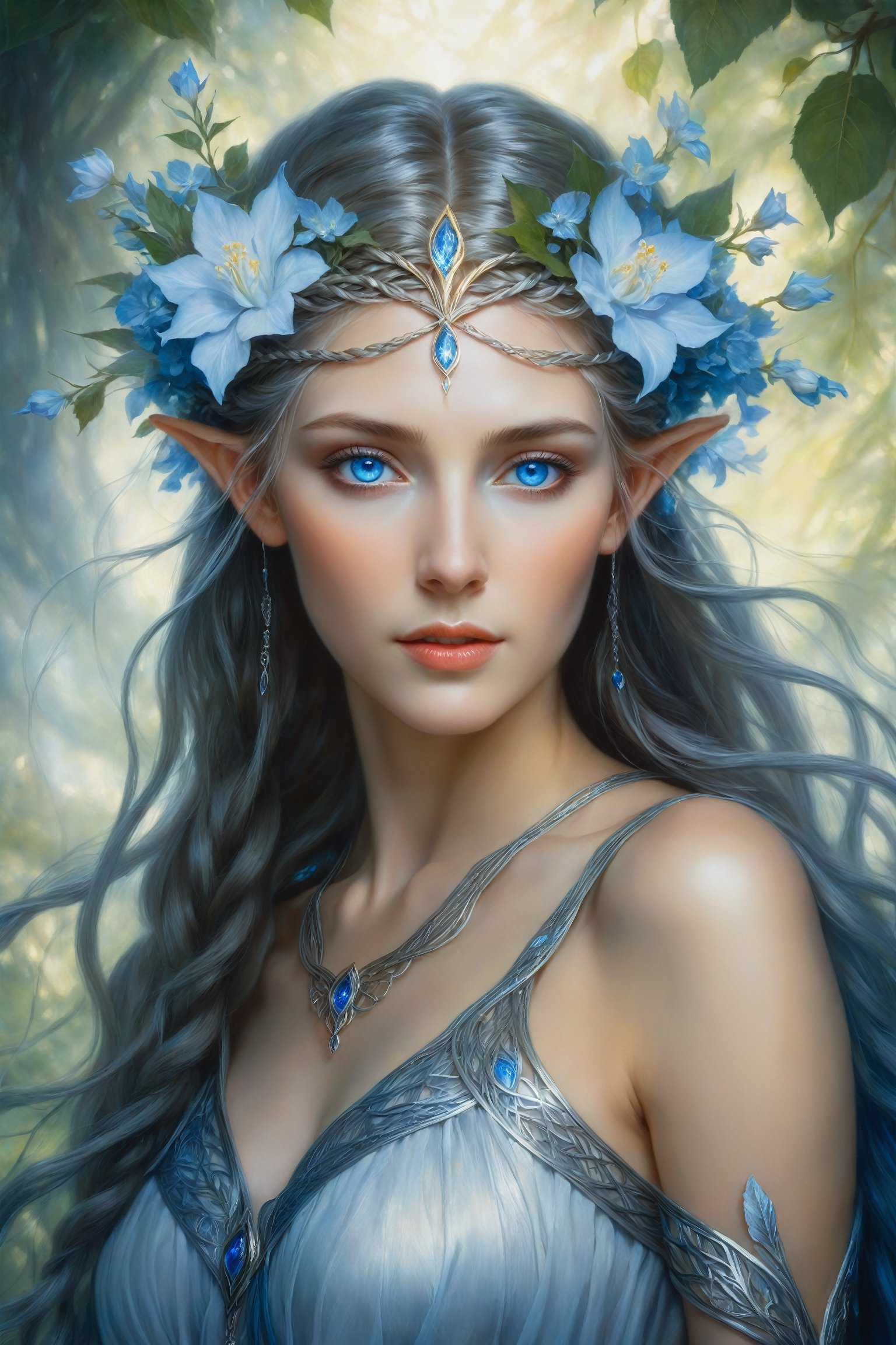 ethereal and mystical elf woman with intricate braided hair, glowing blue eyes, wearing a crown of flowers, realistic painting style inspired by John Howe and Alan Lee's illustrations for Lord of the Rings, soft lighting, dreamlike atmosphere.