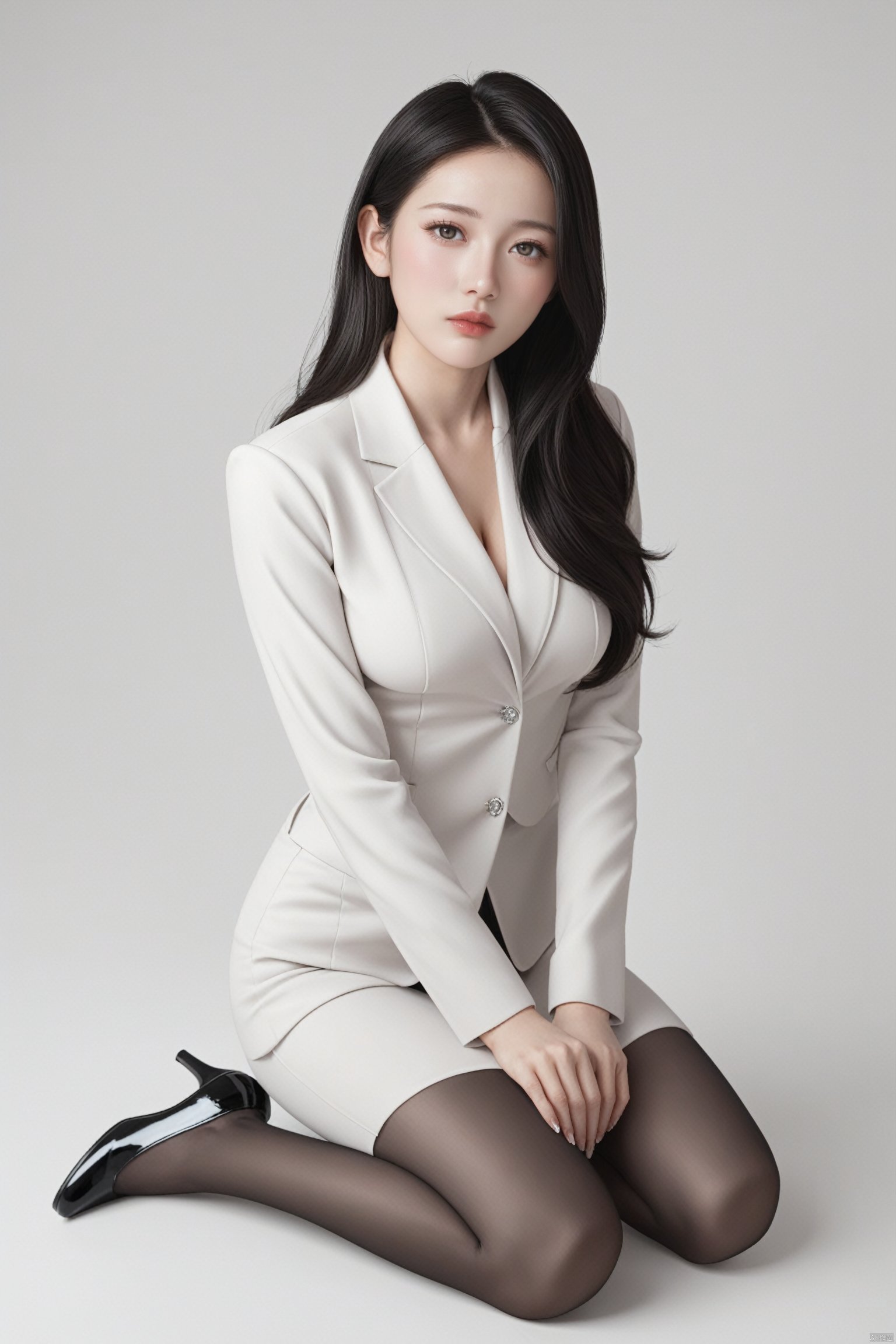 score_9,score_8_up,score_7_up, 20 years old, 8k, hd, beautiful girl, black hair, long hair, 1girl, detailed face, beautiful woman's face,  white background, full body, looking at viewer, satin Business suit, office look, sad, symmetric eyes, pumps