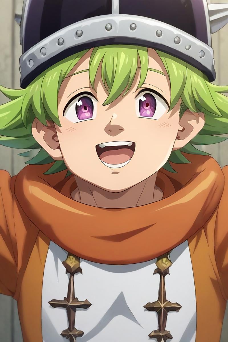 score_9, score_8_up, score_7_up, source_anime, rating_safe, , semi-realistic, , , 1boy, solo, male focus, <lora:percival_nnt_mny_pony:0.8>, percival_nnt_mny, green hair, purple eyes, helmet, close-up, stonehenge, indoors, light, spread arms, laughing, , <lora:sdxl_lightning_8step_lora:1>