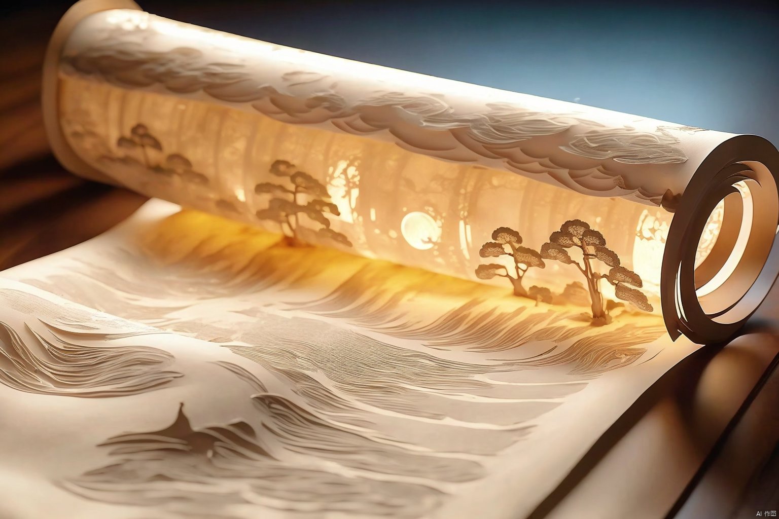 (moon:1.1),open book,hanfu,robe,tree,night,crescent moon,picture scroll,