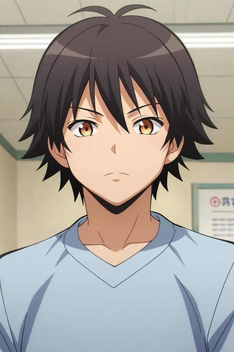 score_9, score_8_up, score_7_up, source_anime, rating_safe, , anime screencap, anime coloring, , , , 1boy, solo, male focus, <lora:yuuma_isogai_pony:0.84>, yuuma_isogai, black hair, brown eyes, short hair, from below, hospital, light, stretching, distracted, aloof, oblivious, , <lora:sdxl_lightning_8step_lora:1>