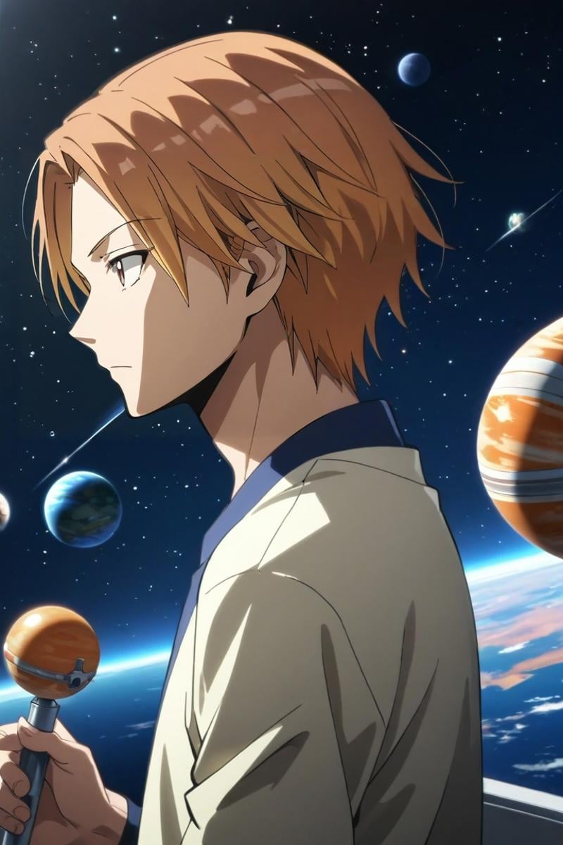 score_9, score_8_up, score_7_up, source_anime, rating_safe, intricate details, semi-realistic, , , 1boy, solo, male focus, <lora:hiroto_maehara_pony:0.82>, hiroto_maehara, orange hair, brown eyes, short hair, from side, space, planets, indoors, light, holding weapon, :o, , <lora:sdxl_lightning_8step_lora:1>