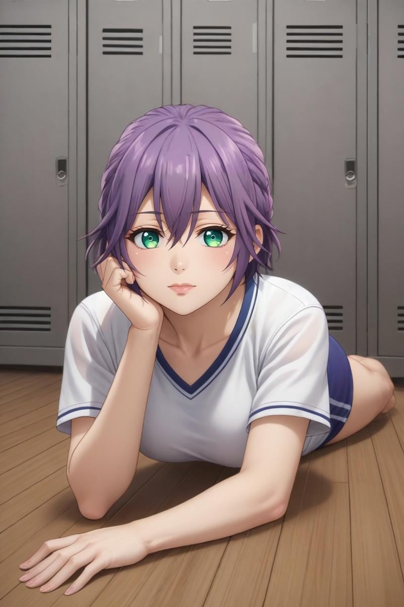 score_9, score_8_up, score_7_up, source_anime, rating_safe, intricate details, (realistic:0.6), , , 1girl, solo, <lora:hiro_segawa_pony:0.82>, hiro_segawa, purple hair, green eyes, short hair, bangs, hair between eyes, braid, wide angle, wide shot, full body, locker room, light, lying, on stomach, relaxed, ,, <lora:sdxl_lightning_8step_lora:1>