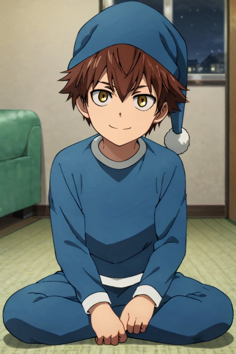 score_9,score_8_up,score_7_up,source_anime,1boy, male, solo,  looking at viewer,Child Emperor,Isamu,brown hair, yellow eyes,short hair, nightcap,pajamas, indoors, night, sitting, smile,