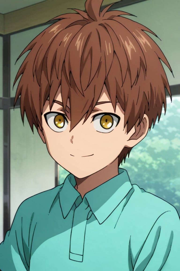 score_9,score_8_up,score_7_up,source_anime,1boy, male, solo,  looking at viewer,Child Emperor,Isamu,brown hair, yellow eyes,short hair, ahoge, upper body, smile, 