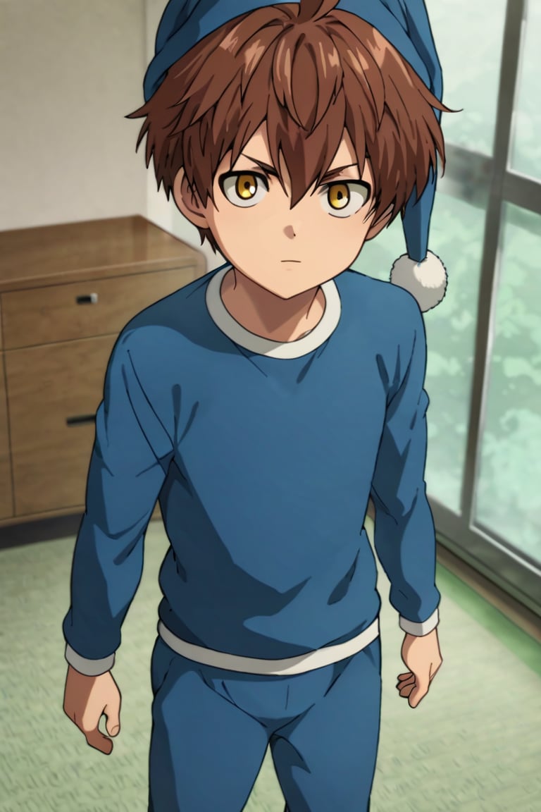 score_9,score_8_up,score_7_up,source_anime,1boy, male, solo,  looking at viewer,Child Emperor,Isamu,brown hair, yellow eyes,short hair, ahoge, nightcap,pajamas, indoors,