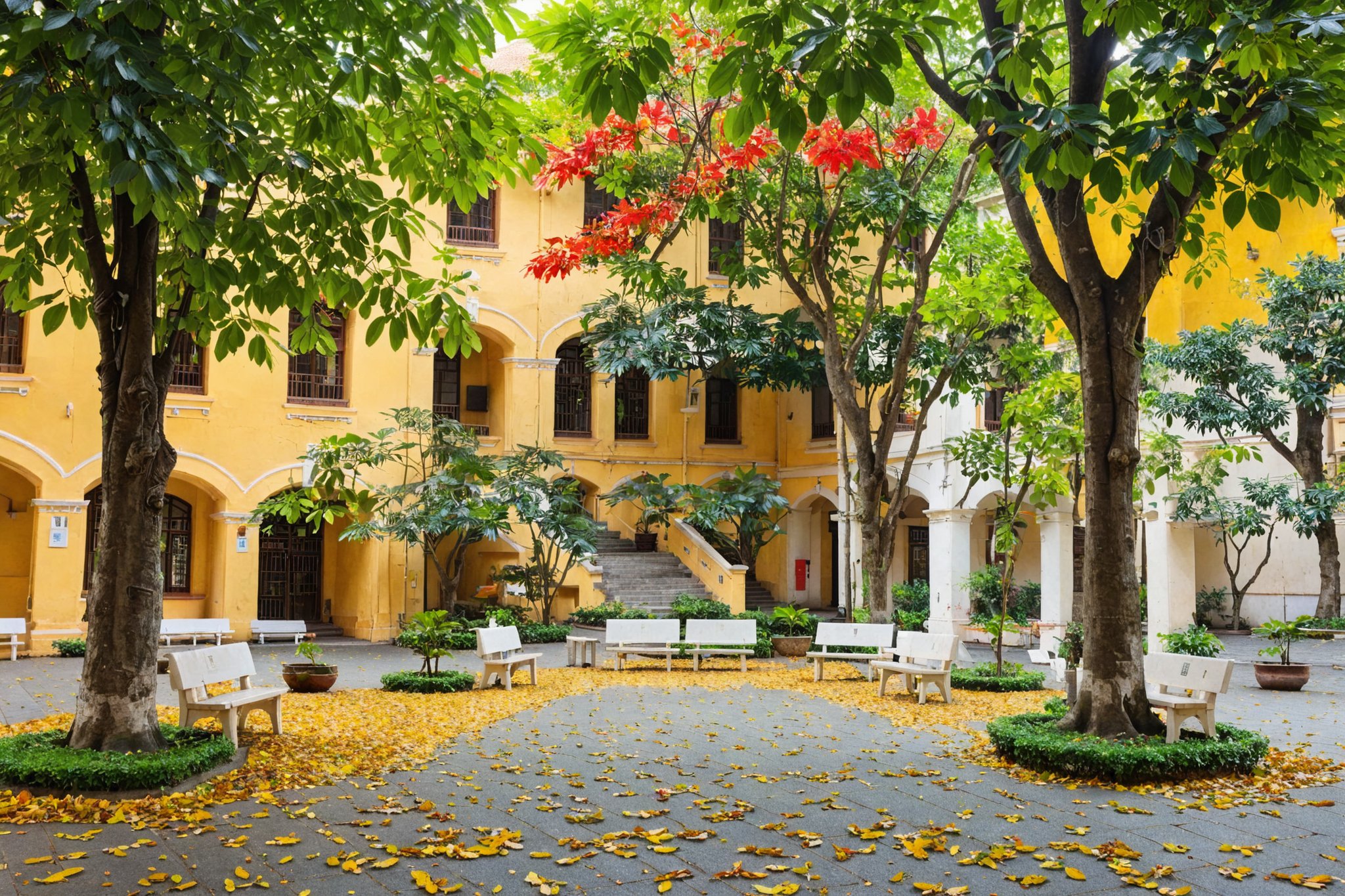 A serene outdoor setting, possibly a courtyard or a park. Dominating the scene are two large trees with lush green foliage, providing shade to the area below. Underneath the trees, there are several white benches arranged in a row, inviting visitors to sit and relax. The ground is paved with a light-colored material, and scattered leaves suggest it might be autumn. In the background, there's a building with a yellowish facade, and a staircase leading up to it. The overall ambiance of the image is calm and peaceful, with nature playing a central role.