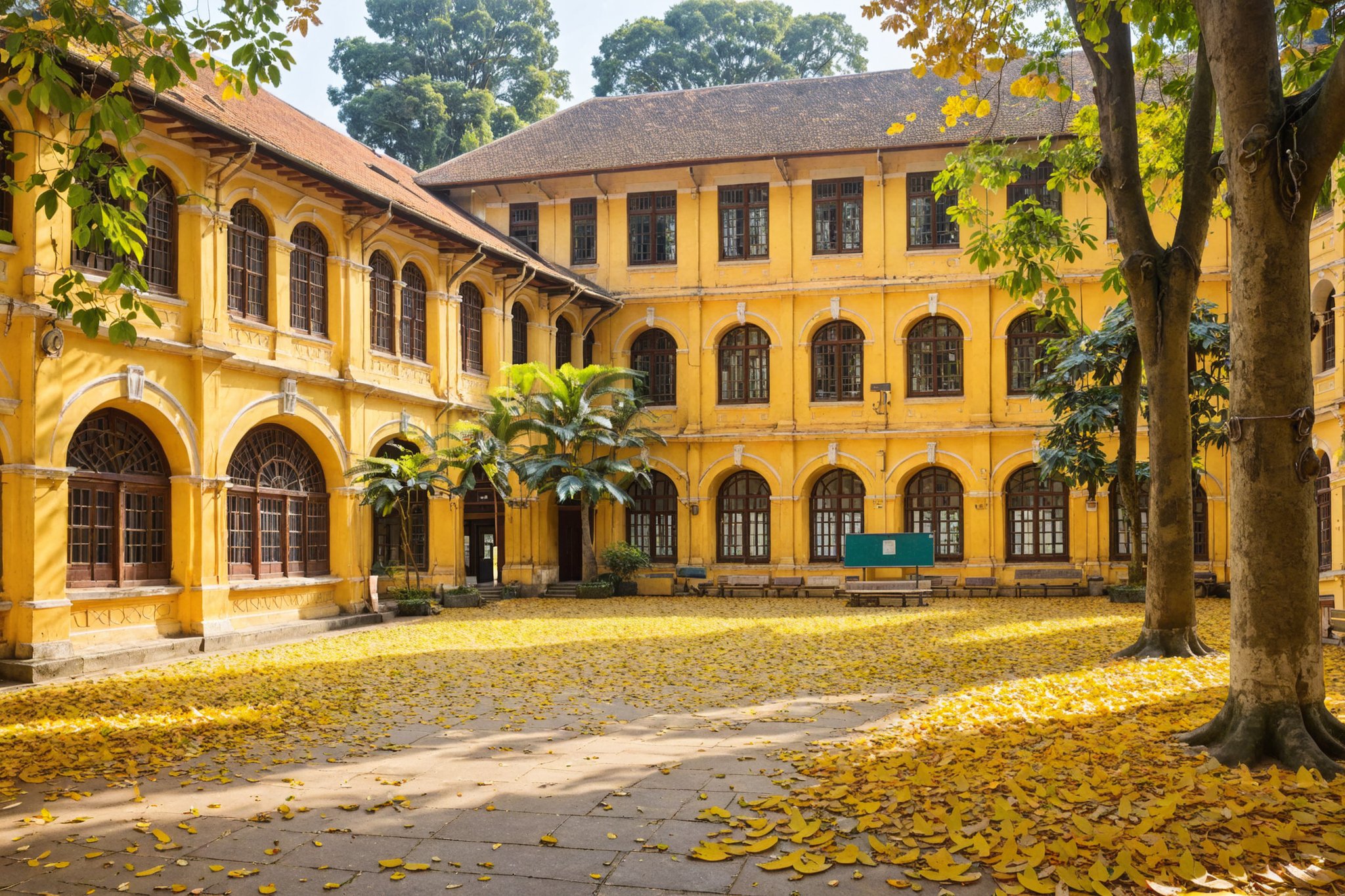 A serene courtyard of an old building, possibly a school or institution. The building has a yellow facade with multiple arched windows and balconies. Large trees with dense foliage dominate the scene, casting dappled shadows on the ground. The ground is covered with fallen leaves, suggesting it might be autumn. There are benches placed in the courtyard, and a notice board is visible on the left. The overall ambiance is calm and nostalgic, evoking a sense of history and tranquility.