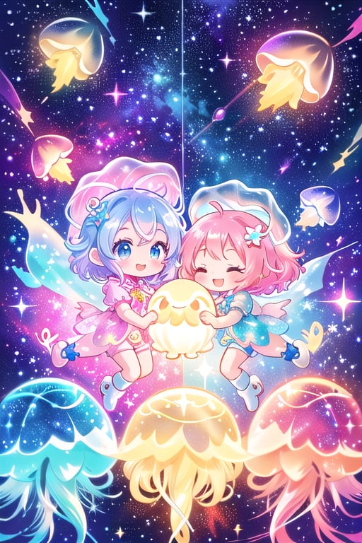 Here's a prompt for this panel:

In a whimsical zero-gravity scene, our chibi space explorer floats playfully amidst radiant cosmic dust, surrounded by vibrant galaxies and sparkling stars. Her big, shimmering eyes sparkle with wonder as she cradles a glowing celestial jellyfish in her arms. The friendly creature's cute smile matches hers, forming a delightful connection between the two. Cosmic suit patterns shine on her whimsical attire, adding to the magical atmosphere. Framed by swirling nebulae and starlight, this moment captures her curious spirit and playful nature.