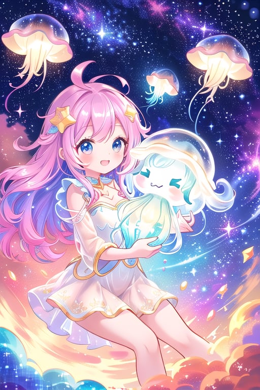 Here's a prompt for this panel:

In a whimsical zero-gravity scene, our chibi space explorer floats playfully amidst radiant cosmic dust, surrounded by vibrant galaxies and sparkling stars. Her big, shimmering eyes sparkle with wonder as she cradles a glowing celestial jellyfish in her arms. The friendly creature's cute smile matches hers, forming a delightful connection between the two. Cosmic suit patterns shine on her whimsical attire, adding to the magical atmosphere. Framed by swirling nebulae and starlight, this moment captures her curious spirit and playful nature.