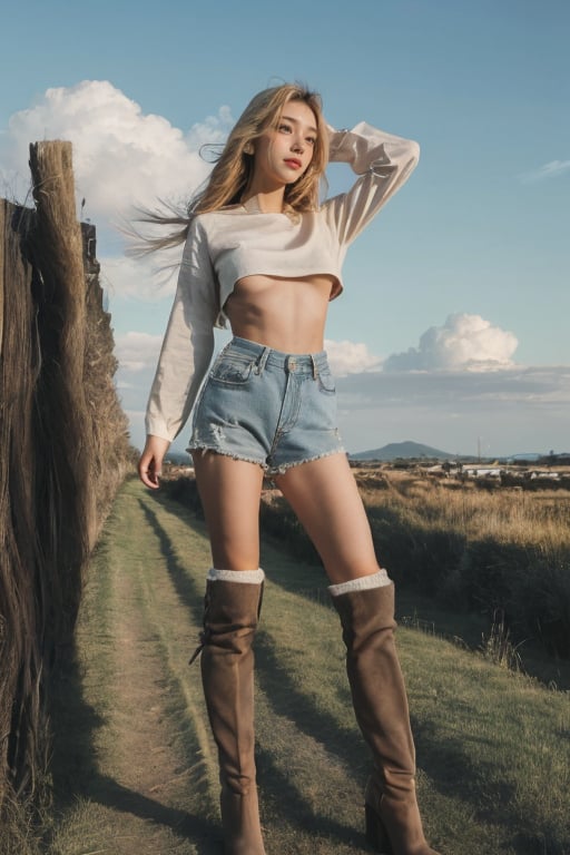 1girl, solo, long hair, blonde hair, boots, sky, day, cloud, scenery,underboob