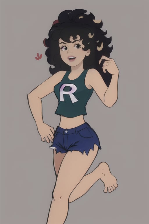 Daisy, 1girl, long hair, black hair, shorts, barefoot, midriff, crop top, tank top, blue shorts, big hair, afro, Daisy Mayhem,