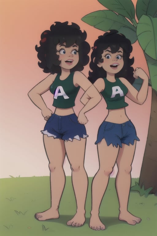 Daisy, 1girl, long hair, black hair, shorts, barefoot, midriff, crop top, tank top, blue shorts, big hair, afro, Daisy Mayhem,