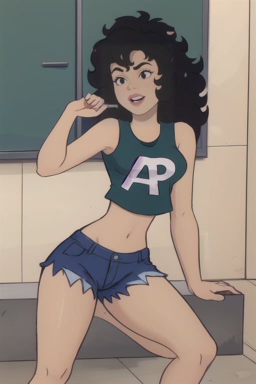 Daisy, 1girl, long hair, black hair, shorts, barefoot, midriff, crop top, tank top, blue shorts, big hair, afro, Daisy Mayhem,