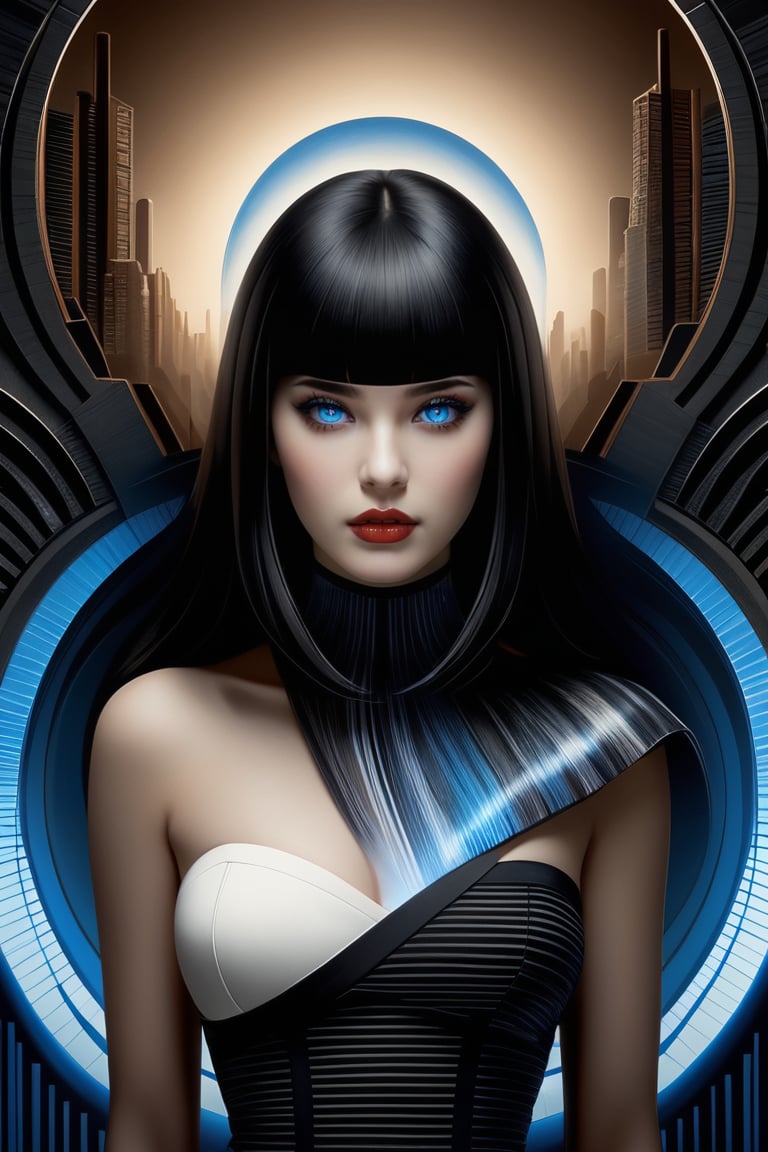 (A figure of a sensual woman emerges, her silhouette crafted from smoky black and white layers. The backdrop transitions smoothly into sepia tones, highlighting her striking blue eyes. This composition, reminiscent of the styles of Slava Fokk and Naoto Hattori, blends surrealism with kitsch, akin to Bosch's works, completed by the inclusion of a barcode element), Detailed Textures, high quality, high resolution, high Accuracy, realism, color correction, Proper lighting settings, harmonious composition, Behance works,sad