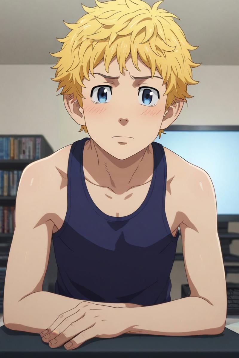 score_9, score_8_up, score_7_up, source_anime, rating_safe, , (photorealistic:0.6), looking at viewer, , 1boy, solo, male focus, <lora:takemichi_hanagaki_pony:0.92>, takemichi_hanagaki, blonde hair, blue eyes, short hair, , from below, bedroom, computer monitor, dusk, yoga, shy, blush, , <lora:sdxl_lightning_8step_lora:1>