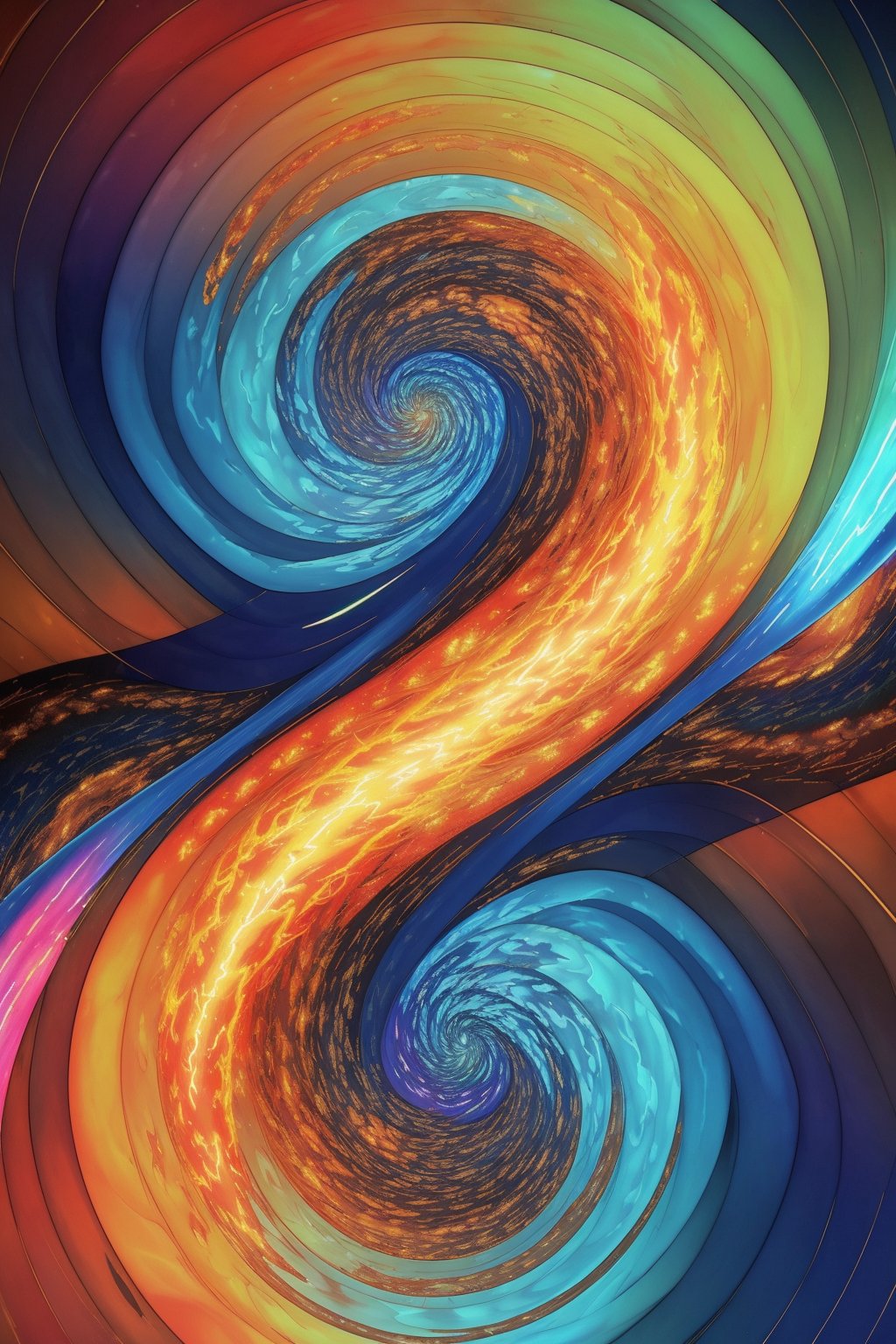 An abstract representation of a vortex where all four elements converge. The vortex is a swirling mass of vibrant colors and fluid patterns, with (air currents:1.3), (lightning:1.3), water streams, flames, and (earthy rocks:1.3) blending together, The scene is filled with glowing, geometric shapes, adding a futuristic, dreamlike, symmetry, , double exposure