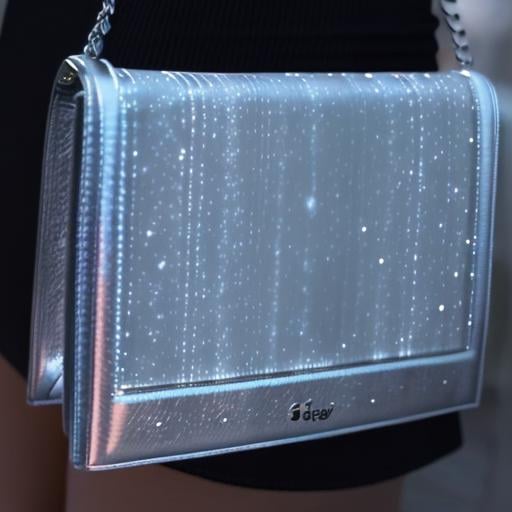 High-resolution photo of a luxury silver leather handbag with a glowing fiber optic fabric panel, silver chain strap with leather detail, cinematic composition, trending on artstation