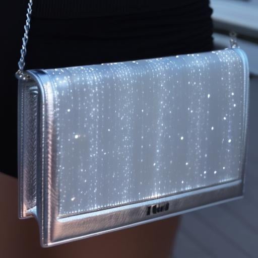 Realistic photograph of a premium silver leather clutch bag with an illuminated fiber optic fabric in the center, complete with a silver chain strap and leather segment, cinematic composition, trending on artstation.