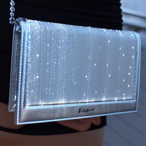 Photorealistic image of a high-quality silver leather clutch bag with a fiber optic light-up center panel, featuring a silver chain strap with a silver leather segment, cinematic composition, trending on artstation.