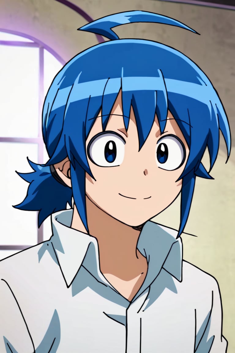 score_9,score_8_up,score_7_up,source_anime,looking at viewer, solo, 1boy, Suzuki Iruma,blue hair, blue eyes, ahoge, upper body, smile, ponytail, white shirt,