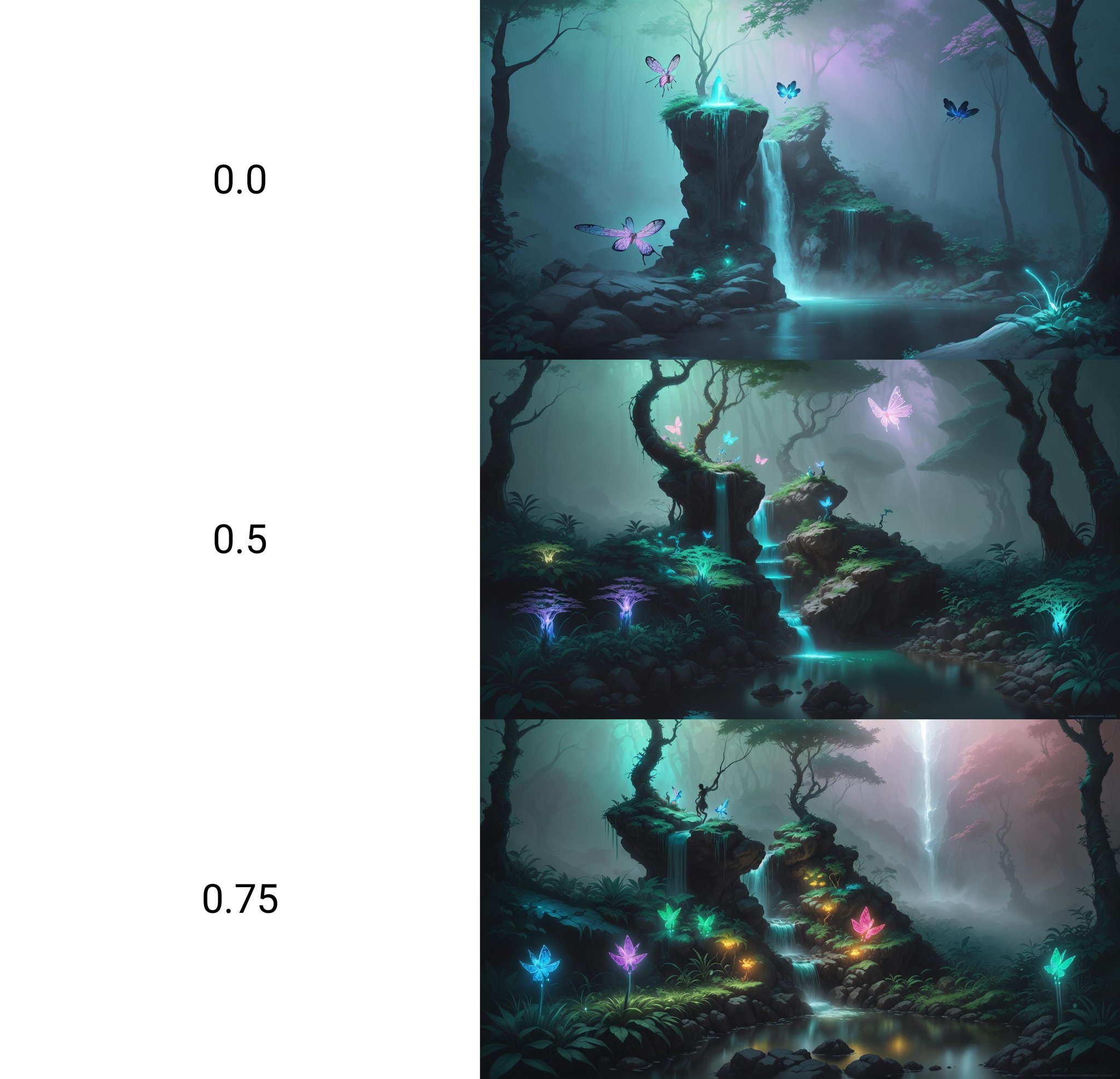 Fantasy illustration of an enchanted waterfall in a lush forest,  glowing blue and green runes on the rocks,  misty atmosp...