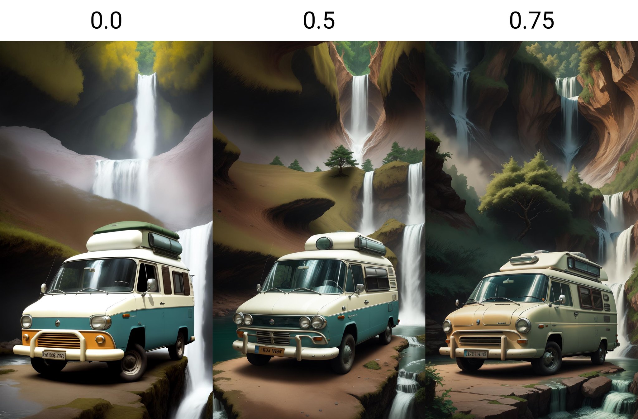 a retro camper van parked near a cascading waterfall by mnemic on Tensor.Art