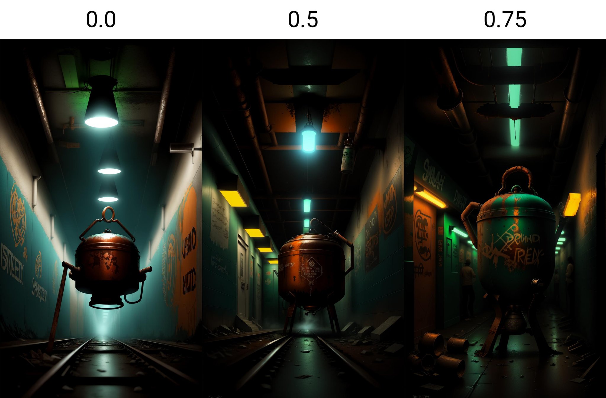 Realistic digital painting of a dimly lit subway tunnel covered in graffiti,  with a witch standing next to a large cauldr...