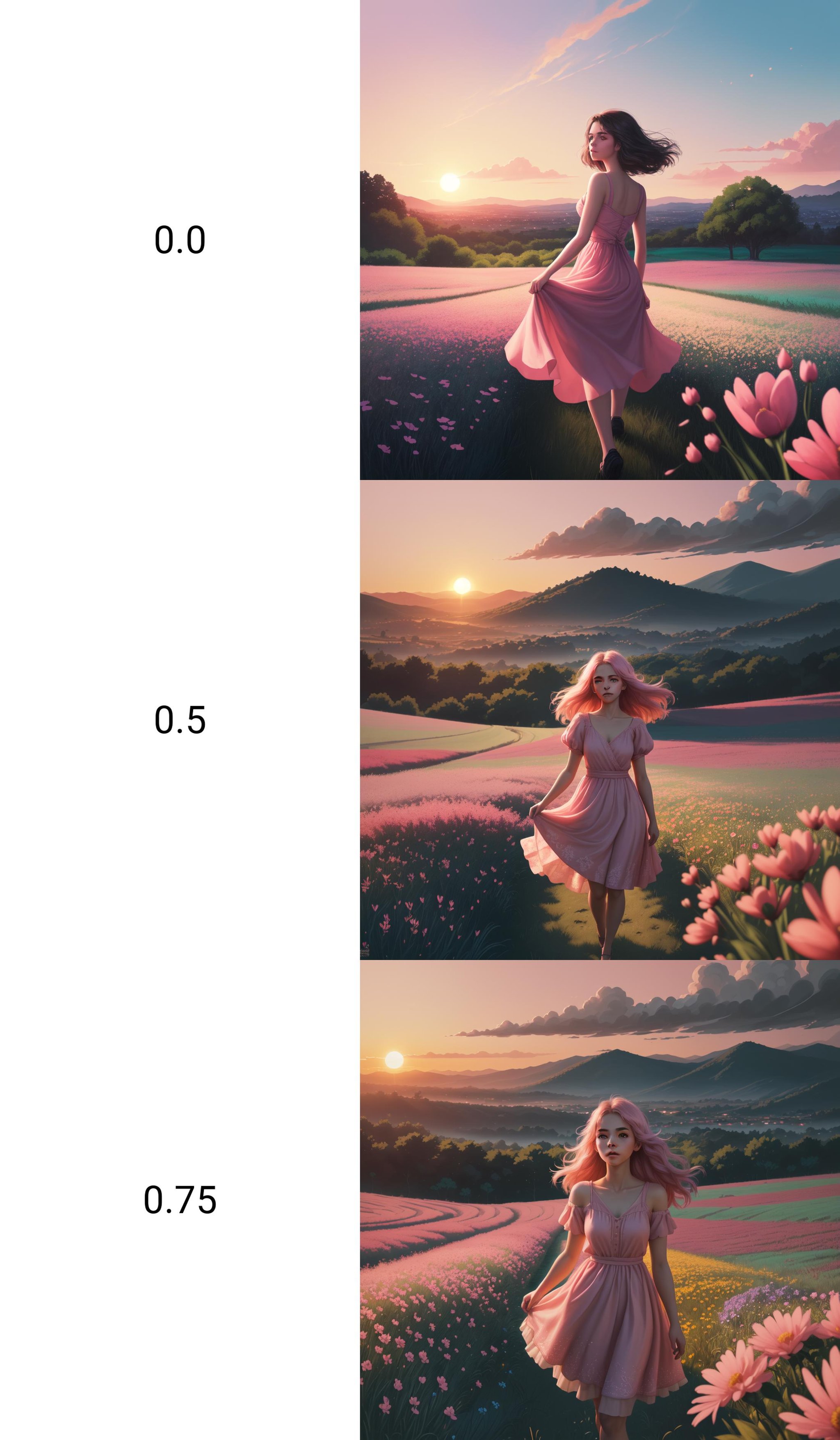 Digital painting of a young girl with bobbed hair,  dressed in a pastel pink dress,  wandering through a field of flowers...