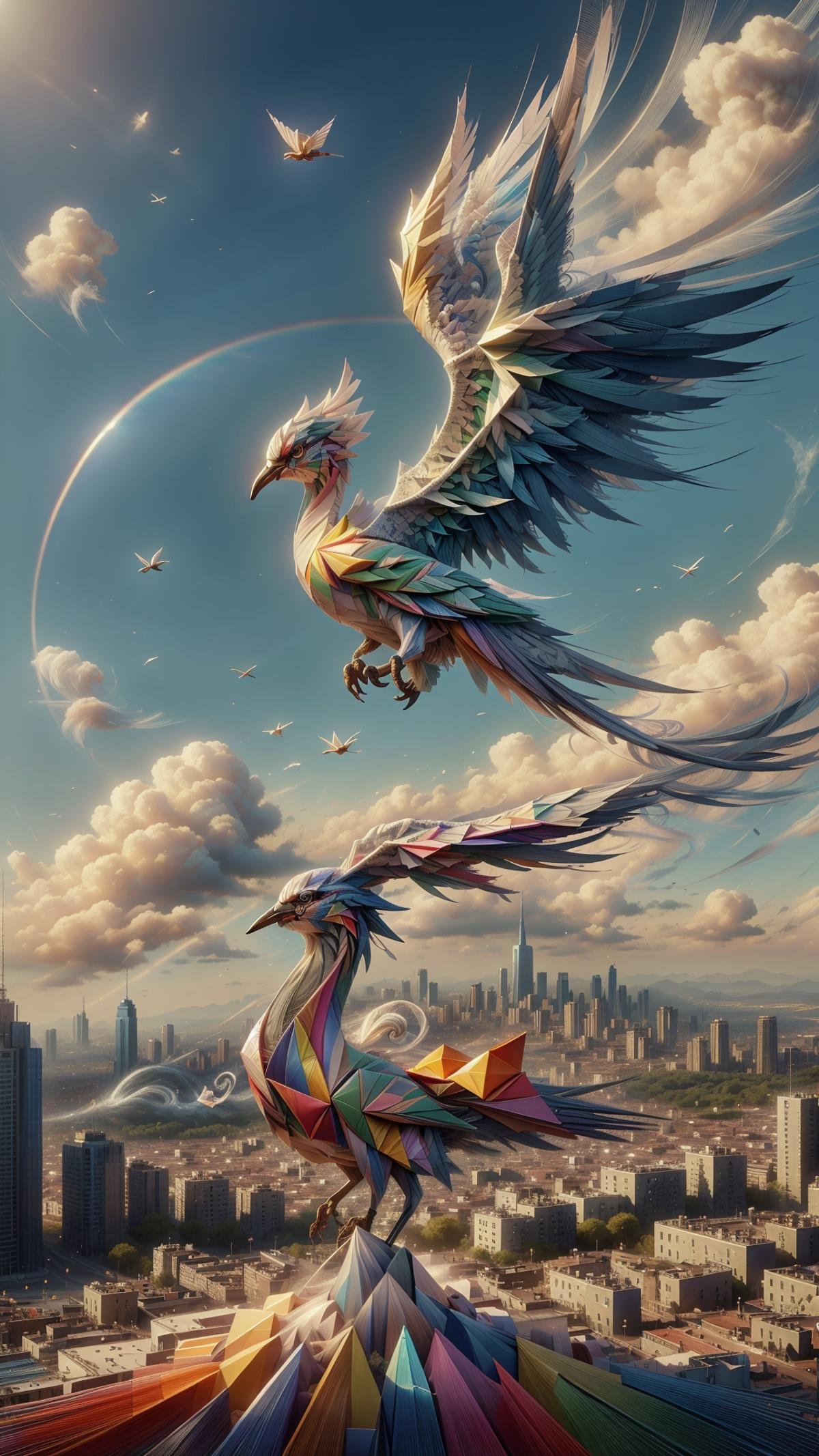 <lora:ElementWind:1.0> ElementWind a prism refracting light into a spectrum of different cityscapes,Realistic oil painting of an origami crane soaring in the wind, blue sky background, white clouds, bright sunlight, detailed feathers, soft shadows, textured canvas, brush strokes visible, high resolution, vibrant colors, inspirational, peaceful, calming, elegant, intricate, detailed, 4k, artistic, masterpiece, high quality, (Masterpiece:1.3) (best quality:1.2) (high quality:1.1)