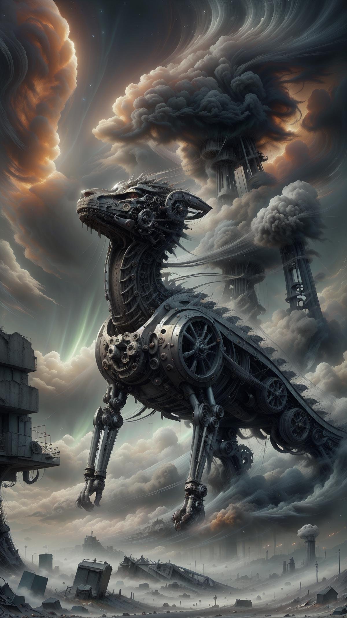 <lora:ElementWind:1.0> ElementWind Mouse,Surrealistic oil painting of a wandering soul, a lone figure shrouded in mist and shadows, traversing a barren landscape of ruins and debris, accompanied by a majestic, steampowered mechanical dragon, with intricate gears and steam vents visible, soaring alongside the wanderer, ominous stormy skies and glowing auroras in the distance, muted color palette of grey, silver, and soft blue, dramatic chiaroscuro lighting, melancholic atmosphere, highly detailed, rendered in a realistic yet dreamlike style, inspired by the works of Salvador Dali and Hieronymus Bosch, (Masterpiece:1.3) (best quality:1.2) (high quality:1.1)