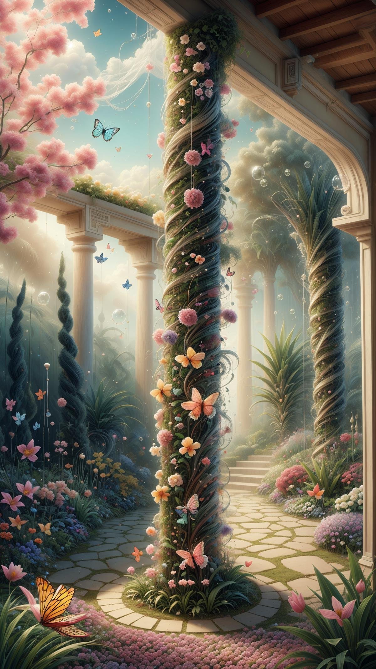 <lora:ElementWind:1.0> crystal clear water of a tropical paradise,Surrealist oil painting of a lush, vibrant garden growing inside a little girl's mind, Bubbles of imagination floating around as flowers, butterflies, and other garden elements, Labyrinthine bazaar of thoughts and ideas, Whimsical color palette, Dreamlike atmosphere, Soft, glowing lighting, Tight close-up of the garden, Rendered in a high-resolution digital format, (Masterpiece:1.3) (best quality:1.2) (high quality:1.1)