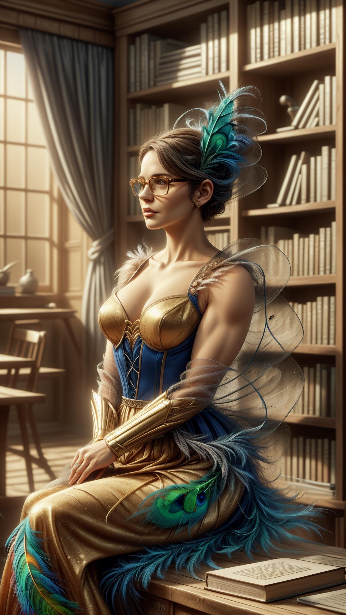 <lora:ElementWind:1.0> lady dressed in a vibrant peacock feather gown with a beaded bodice,Oil painting of a retired superhero, middle-aged man, graying hair, stubble, glasses, wrinkles, muscular build, casual clothes, tired but content expression, sitting in a timeworn library, old wooden bookshelves, dusty books, warm lighting, golden hour, sepia tones, single point perspective, detailed, textured, high-resolution, brushstroke details, (Masterpiece:1.3) (best quality:1.2) (high quality:1.1)