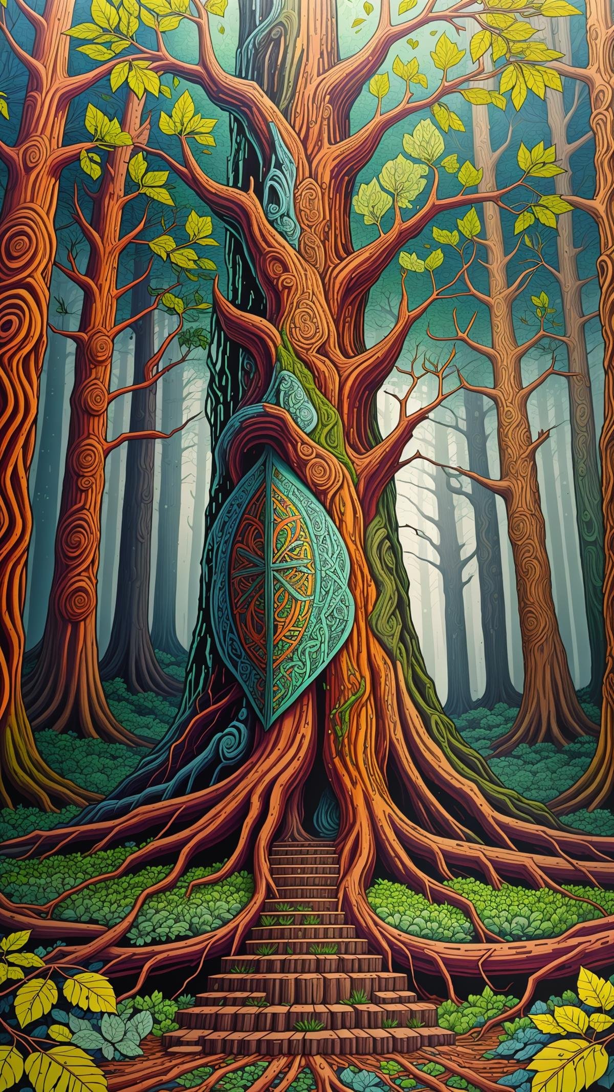 GaelicPatternStyle giant redwood with rough bark towering over a verdant forest floor by mnemic on Tensor.Art