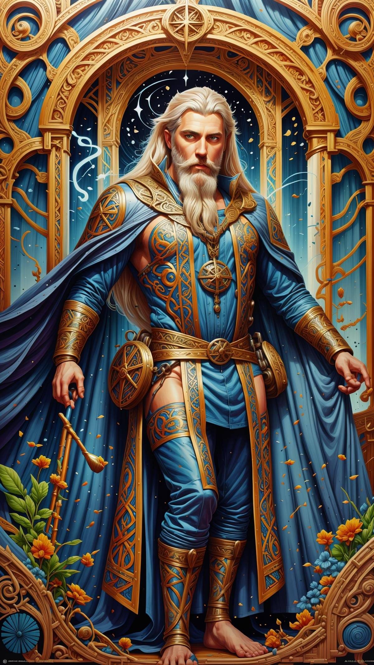 GaelicPatternStyle medium - length portrait of a male wizard wreathed in arcane sigils with long white hair and glowing bl...