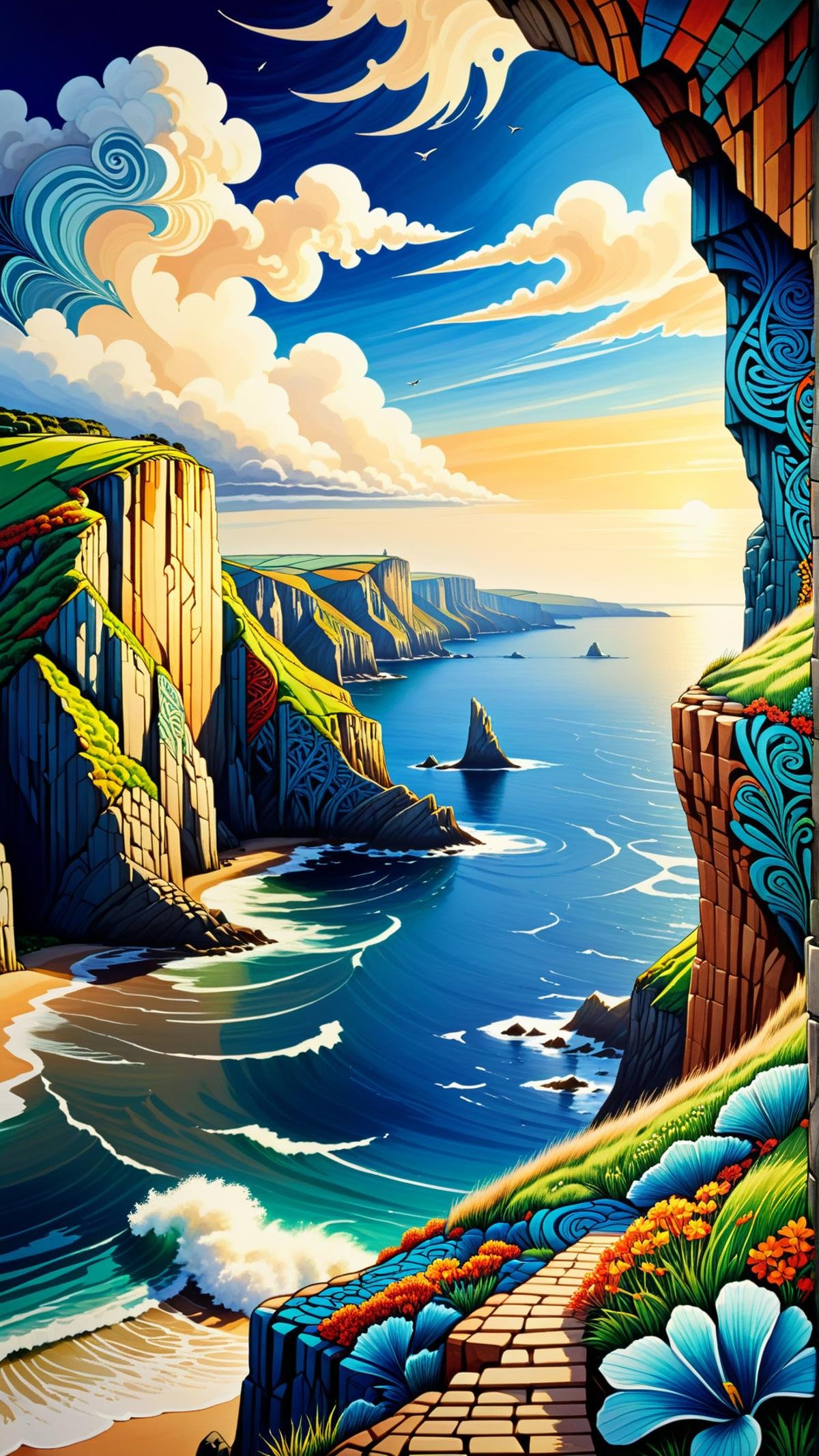 <lora:GaelicPatternStyleXL:1> GaelicPatternStyle a stunning coastal cliff with panoramic views of the ocean