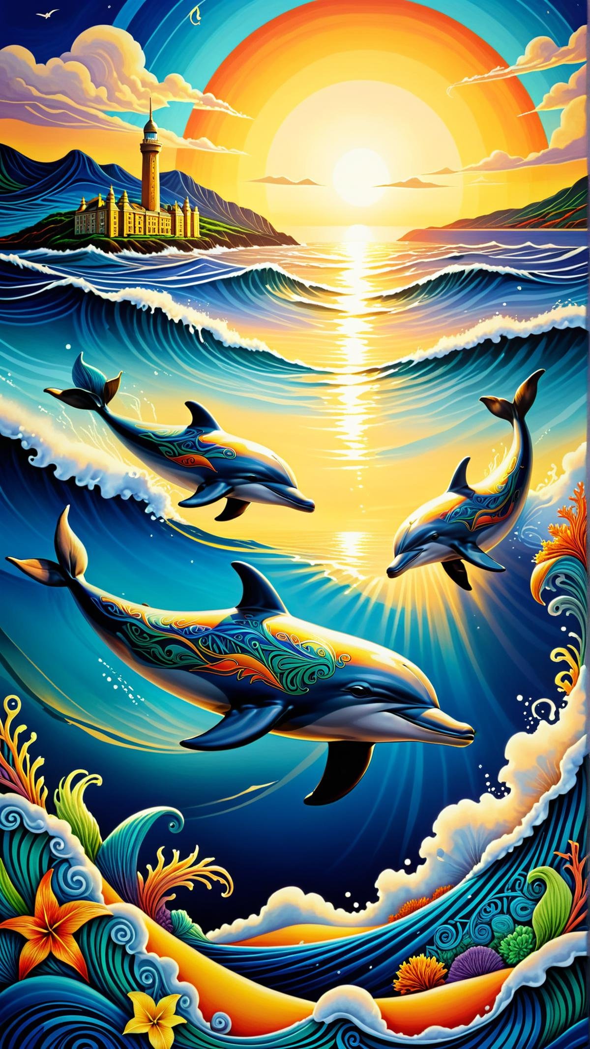 <lora:GaelicPatternStyleXL:1> GaelicPatternStyle synthetic dolphins swimming ashore at dawn in a man-made ocean