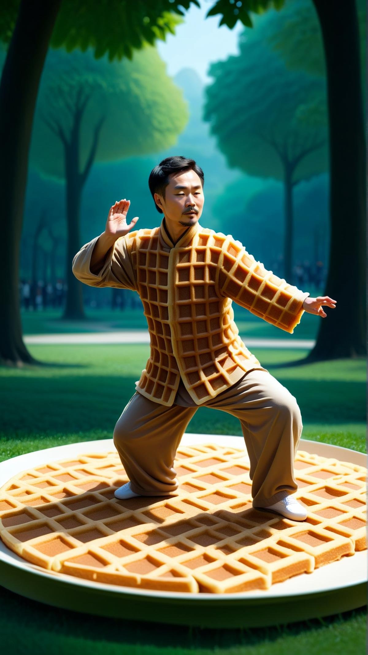 WaffleStyle a Chinese man practicing Tai Chi in a tranquil park,  made out of waffles by mnemic on Tensor.Art