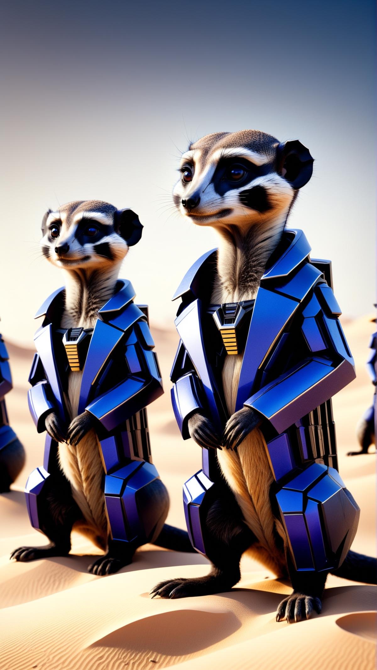 <lora:TransformersStyleXL:1>TransformersStyle Indigo Black a group of meerkats on alert, scanning their desert surroundings for potential threats, tech, sci-fi, technology, michael bay transformers, (metallic:0.7), 24mm, (analog, cinematic, film grain:1.3), Bokeh DOF, (Masterpiece:1.3) (best quality:1.2) (high quality:1.1)