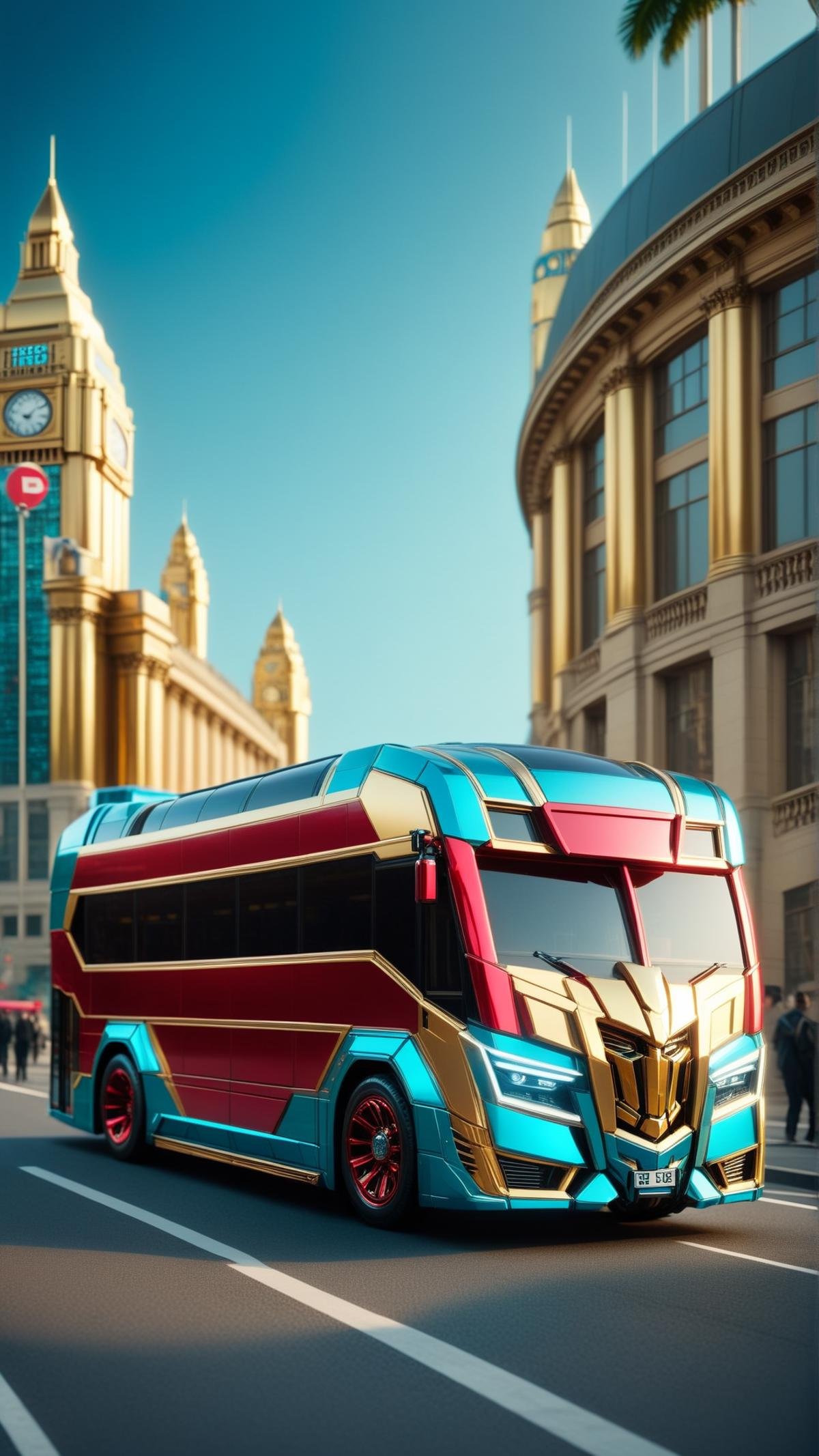 <lora:TransformersStyleXL:1>TransformersStyle Gold Cyan a red double-decker bus passing by a famous landmark, tech, sci-fi, technology, michael bay transformers, (metallic:0.7), 24mm, (analog, cinematic, film grain:1.3), Bokeh DOF, (Masterpiece:1.3) (best quality:1.2) (high quality:1.1)