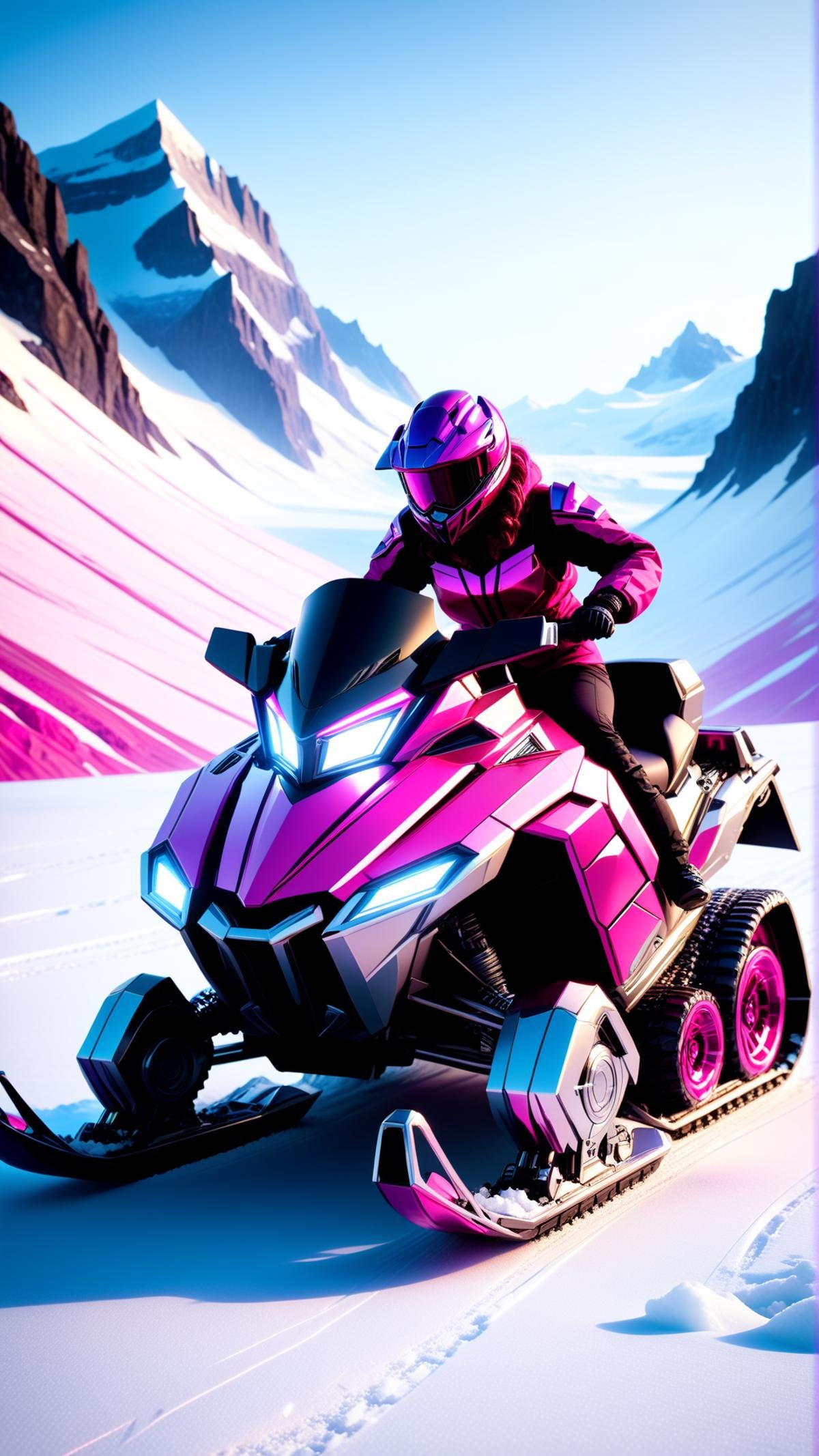 <lora:TransformersStyleXL:1>TransformersStyle Fuchsia Magenta an adventurous ride on a snowmobile across a vast glacier, tech, sci-fi, technology, metallic, 24mm, (analog, cinematic, film grain:1.3), Bokeh DOF, (Masterpiece:1.3) (best quality:1.2) (high quality:1.1)