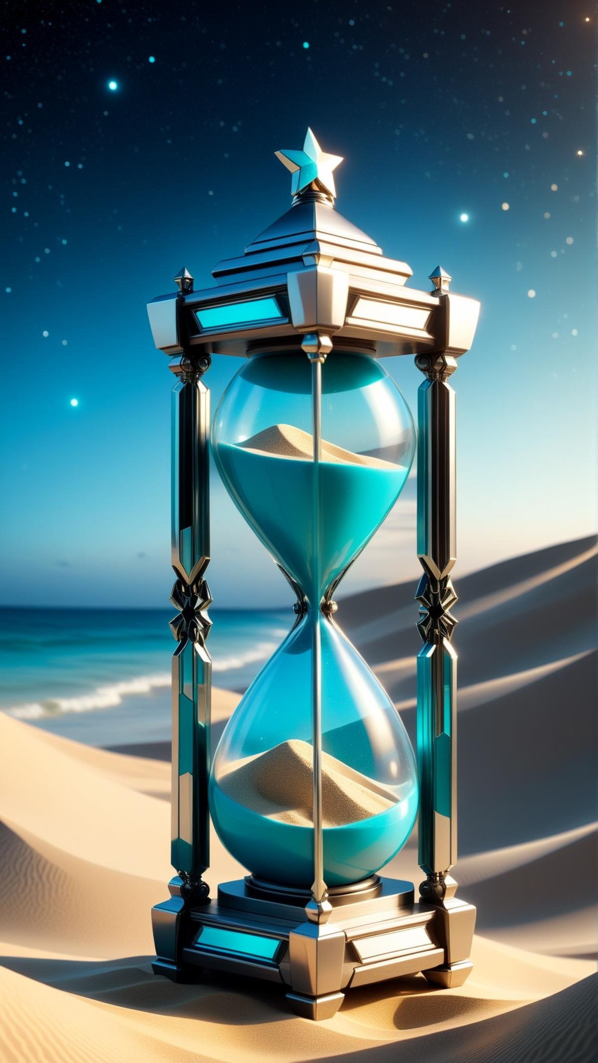 <lora:TransformersStyleXL:1>TransformersStyle Turquoise Silver an hourglass with stars instead of sand, tech, sci-fi, technology, michael bay transformers, (metallic:0.7), 24mm, (analog, cinematic, film grain:1.3), Bokeh DOF, (Masterpiece:1.3) (best quality:1.2) (high quality:1.1)