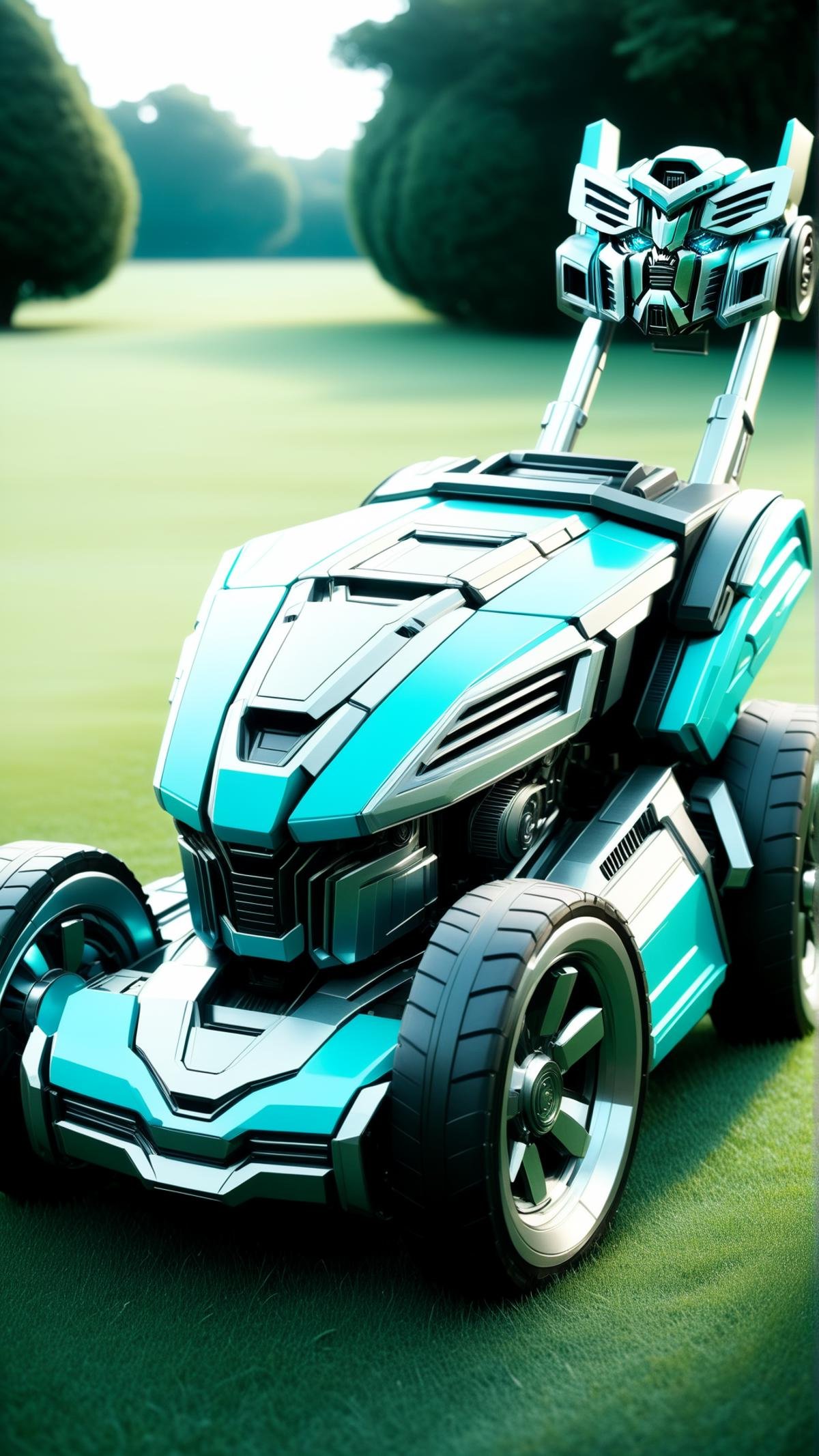 <lora:TransformersStyleXL:1>TransformersStyle Cyan Turquoise Lawn mower, tech, sci-fi, technology, michael bay transformers, (metallic:0.7), 24mm, (analog, cinematic, film grain:1.3), Bokeh DOF, (Masterpiece:1.3) (best quality:1.2) (high quality:1.1)