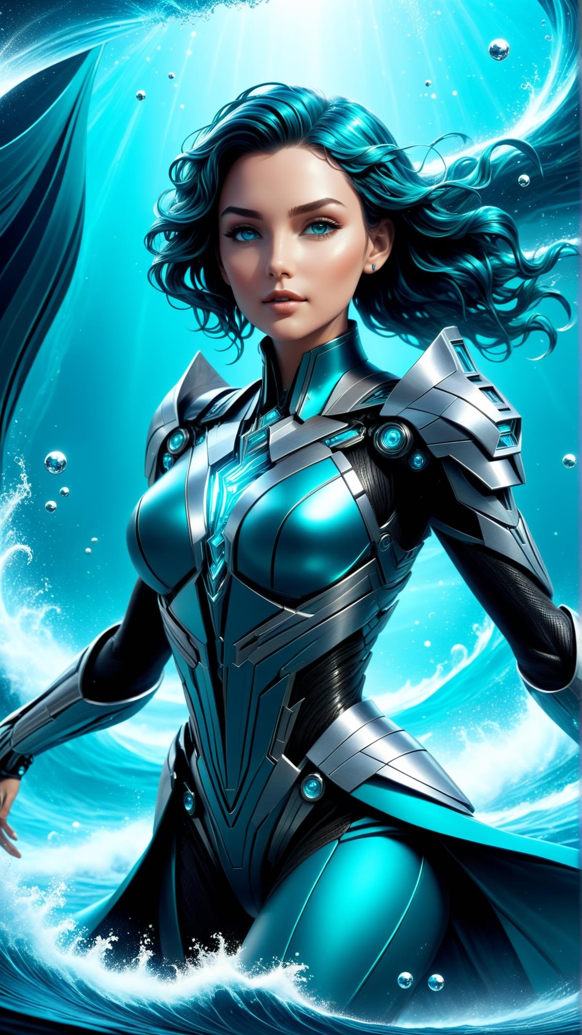 <lora:TransformersStyleXL:1>TransformersStyle Teal Teal  portrait, solo, half shot, looking away, detailed background, detailed face, (<lora:PrecursorTech:0.6>, geometrical steel, **(scifi:1.1),** precursortech theme:1.1),  elemental water sorcerer, surrounded by swirling water, <lora:waterVFX:0.4> water floating, fantasy wizard clothes, walking, floating particles, concentrating, magical dynamic, water,   ocean in background, blue tones, waves, backlighting, cinematic atmosphere,, tech, sci-fi, technology, metallic, 24mm, (analog, cinematic, film grain:1.3), Bokeh DOF, (Masterpiece:1.3) (best quality:1.2) (high quality:1.1)