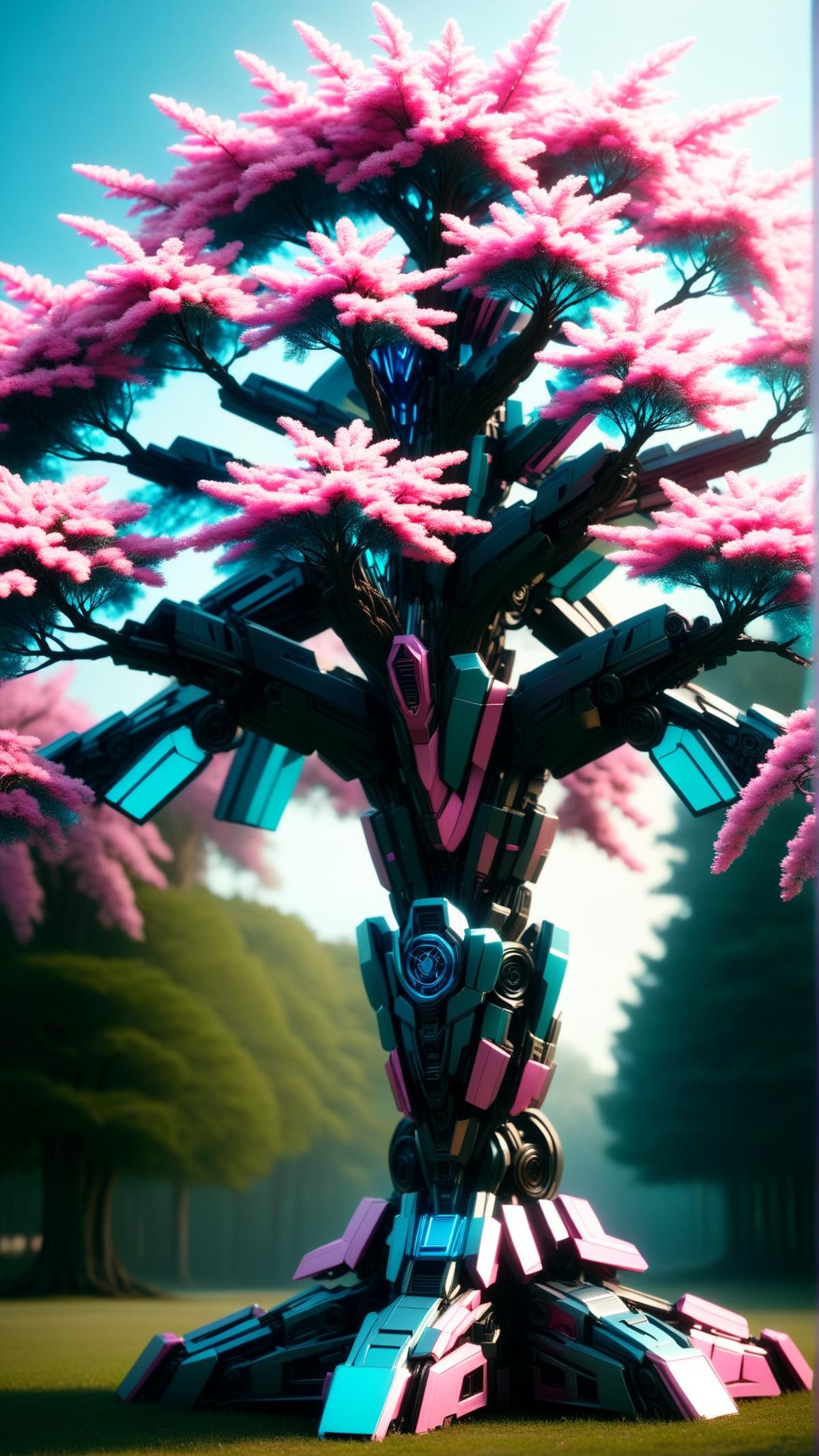 <lora:TransformersStyleXL:1>TransformersStyle Pink Cyan tree, tech, sci-fi, technology, michael bay transformers, (metallic:0.7), 24mm, (analog, cinematic, film grain:1.3), Bokeh DOF, (Masterpiece:1.3) (best quality:1.2) (high quality:1.1)