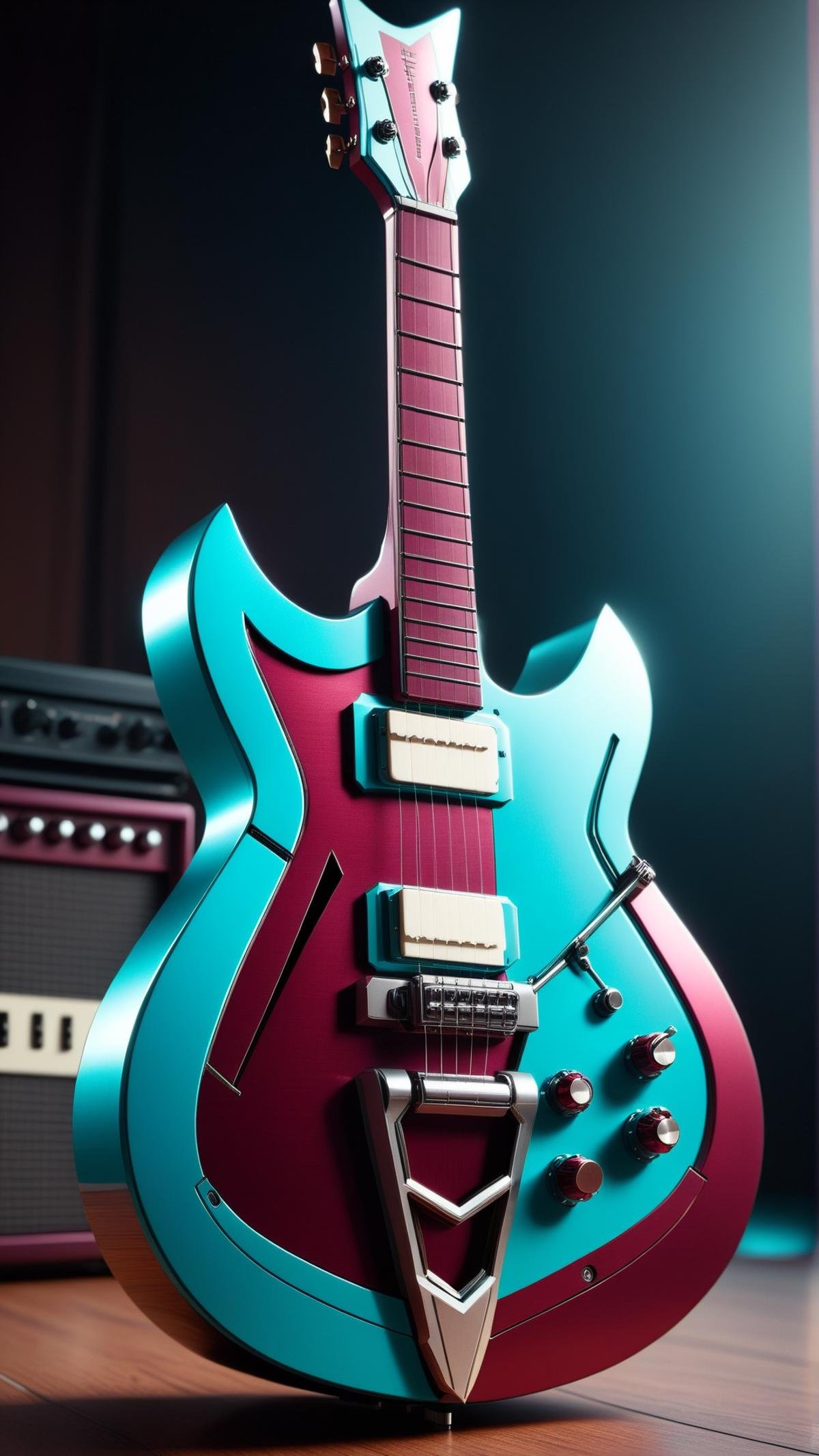 <lora:TransformersStyleXL:1>TransformersStyle Turquoise Maroon guitar, tech, sci-fi, technology, metallic, 24mm, (analog, cinematic, film grain:1.3), Bokeh DOF, (Masterpiece:1.3) (best quality:1.2) (high quality:1.1)