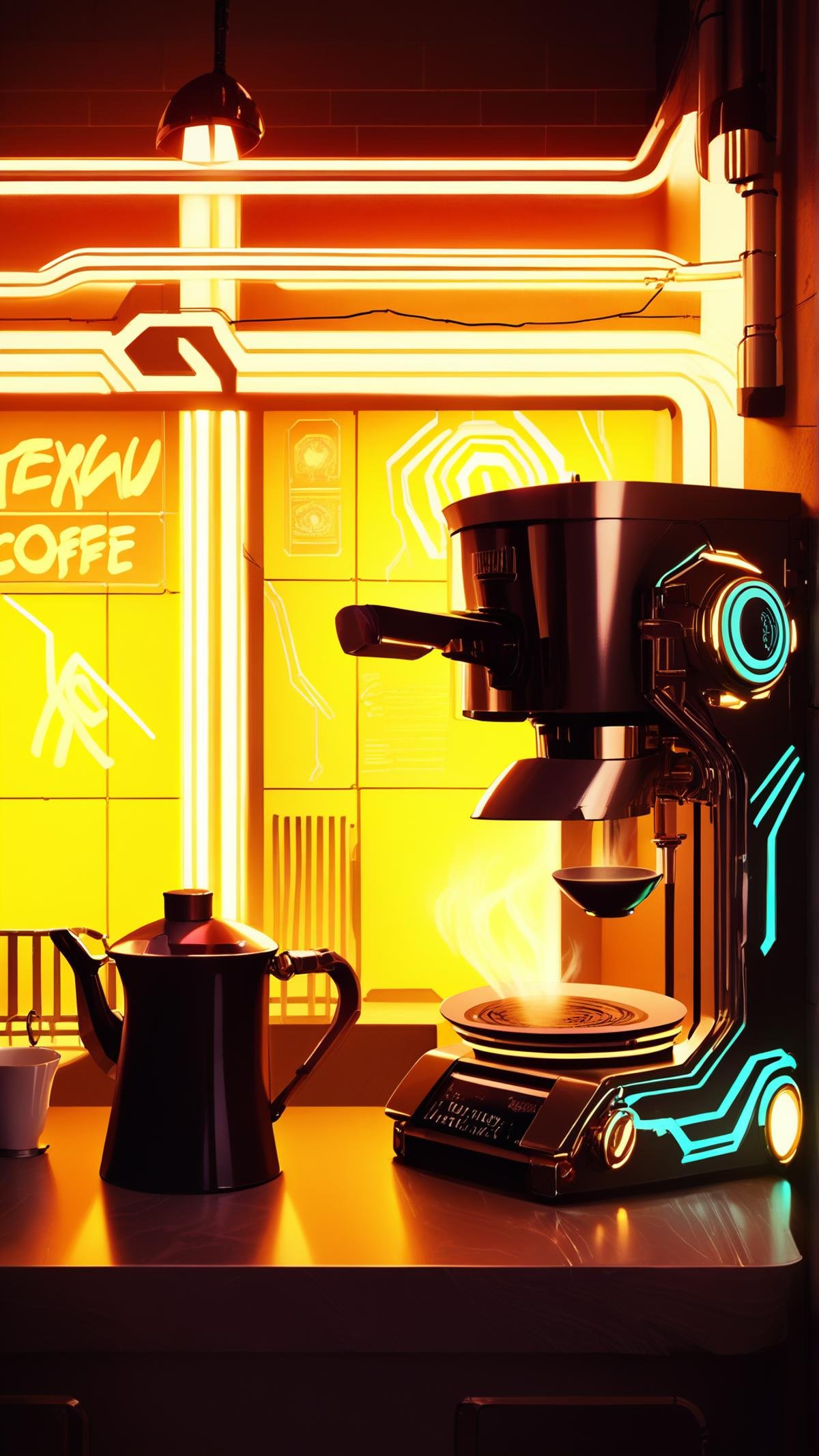 score_9, score_8_up, score_7_up, score_6_up, <lora:C7b3rp0nkStylePony:1> C7b3rp0nkStyle coffee machine, cyberpunk, neon lights, glow, (Masterpiece:1.3) (best quality:1.2) (high quality:1.1)