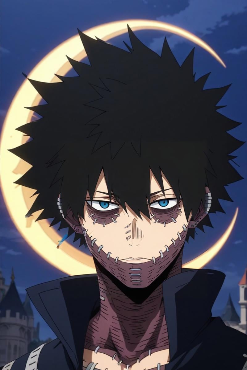 score_9, score_8_up, score_7_up, source_anime, rating_safe, , semi-realistic, , , 1boy, solo, male focus, <lora:dabi_bnha_pony:0.76>, dabi_bnha, black hair, blue eyes, short hair, spiked hair, hair between eyes, bangs, scar, burn scar, scar on face, piercing, stitches, messy hair, , blue fire, symmetry, palace, night, crescent moon, villain pose, light smile, , <lora:sdxl_lightning_8step_lora:1>