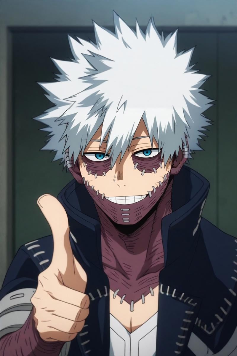 score_9, score_8_up, score_7_up, source_anime, rating_safe, intricate details, anime screencap, , official style, looking at viewer, depth of field, 1boy, solo, male focus, <lora:dabi_bnha_pony:0.94>, dabi_bnha, white hair, blue eyes, short hair, spiked hair, hair between eyes, bangs, scar, burn scar, scar on face, piercing, stitches, , teeth, smile, , focused, apartment, dark, pointing, laughing, , <lora:sdxl_lightning_8step_lora:1>