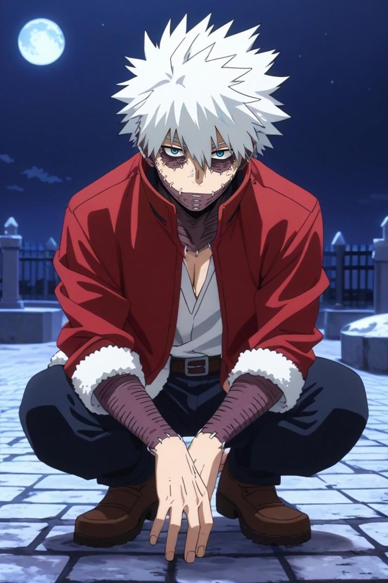 score_9, score_8_up, score_7_up, source_anime, rating_safe, , anime screencap, anime coloring, , , , 1boy, solo, male focus, <lora:dabi_bnha_pony:0.84>, dabi_bnha, white hair, blue eyes, short hair, spiked hair, hair between eyes, bangs, scar, burn scar, scar on face, piercing, stitches, messy hair, , , straight-on, cemetery, night, full moon, squatting, speaking, talking, christmas costume, <lora:sdxl_lightning_8step_lora:1>